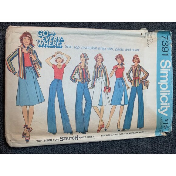 Simplicity 7391 Vintage Sewing Pattern Size 10 Reversible Wrap Skirt Pants Scarf - Picture 1 of 2